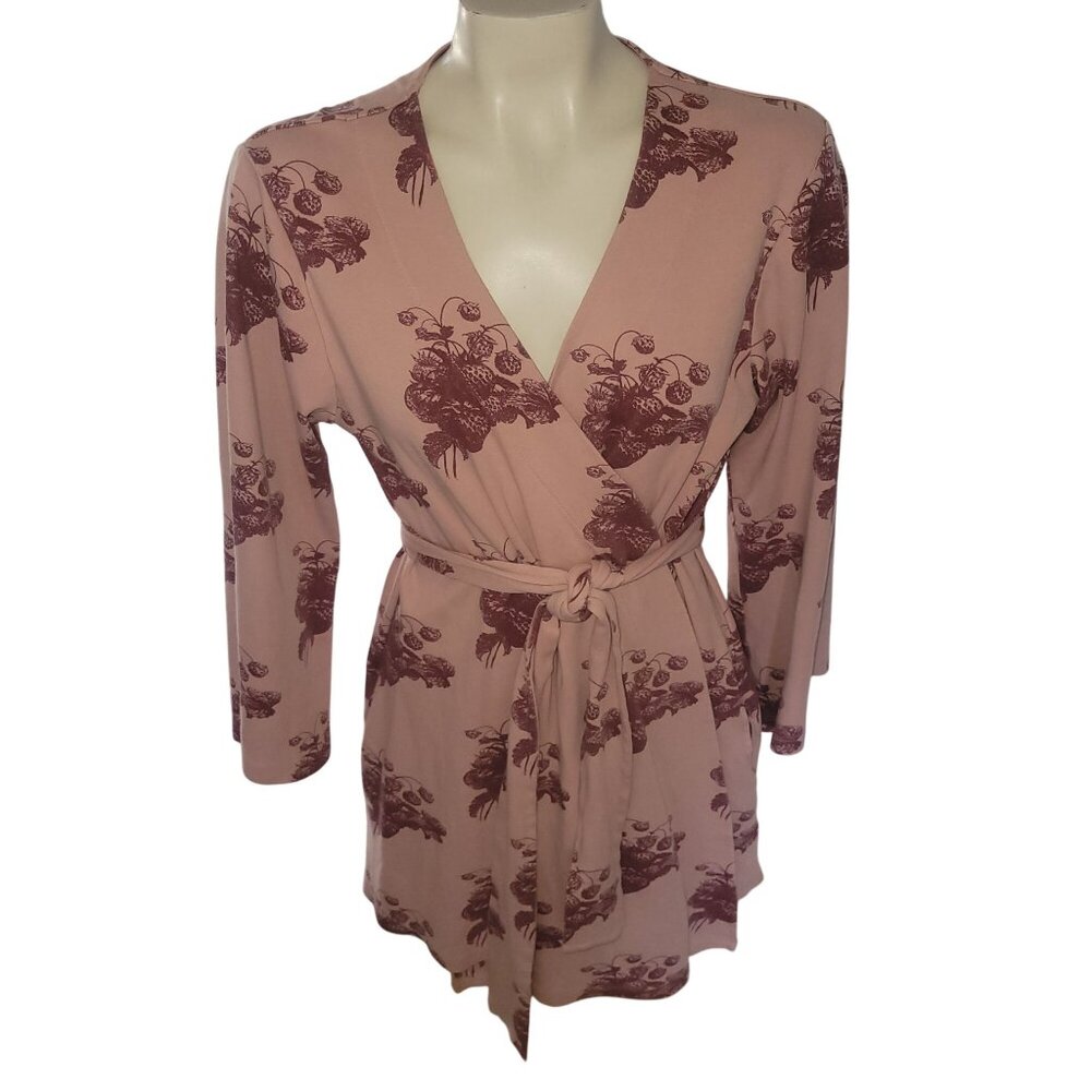 Kate Quinn XS/S Organic Cotton Pink Robe With Floral Print & Tie Waist